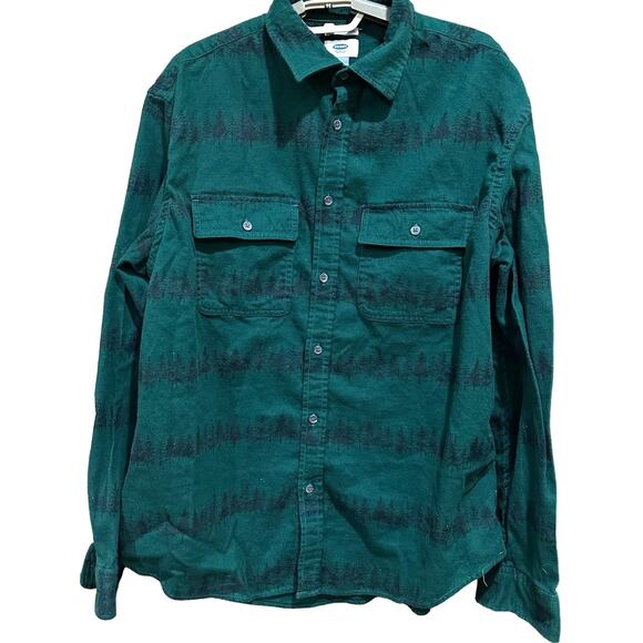 Old Navy Flannel Shirt Mens XL Green Print Trees Button Up All Over Cotton Blend - Picture 1 of 8